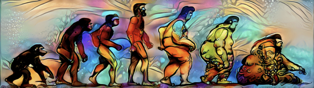 איור צבעוני המתאר את האבולוציה האנושית, המציג את השלבים מהקוף ועד האדם המודרני, ולאחר מכן את ההשתנות לדמות כפופה, רובוטית או דמוית מכונה, על רקע של דפוסים מופשטים עזים, תוך התייחסות עדינה למיקרובים ולמושגים מתחום המיקרוביולוגיה, כדי להדגיש את הכוחות הבלתי נראים המעצבים את התפתחותנו. | ד"ר אמוץ זיו-אב