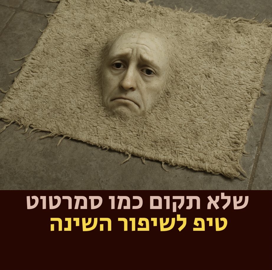 שטיח בצבע בז' מונח על רצפת אריחים, ומרכזו בולט פנים אנושיות מציאותיות ועצובות. מעל התמונה מופיע טקסט בעברית, המציע טיפ לשיפור השינה הקשור ל“תזונה בריאה”. התמונה נראית כאילו צולמה בתוך הבית, וההתמקדות היא בשטיח יוצא הדופן. | ד"ר אמוץ זיו-אב