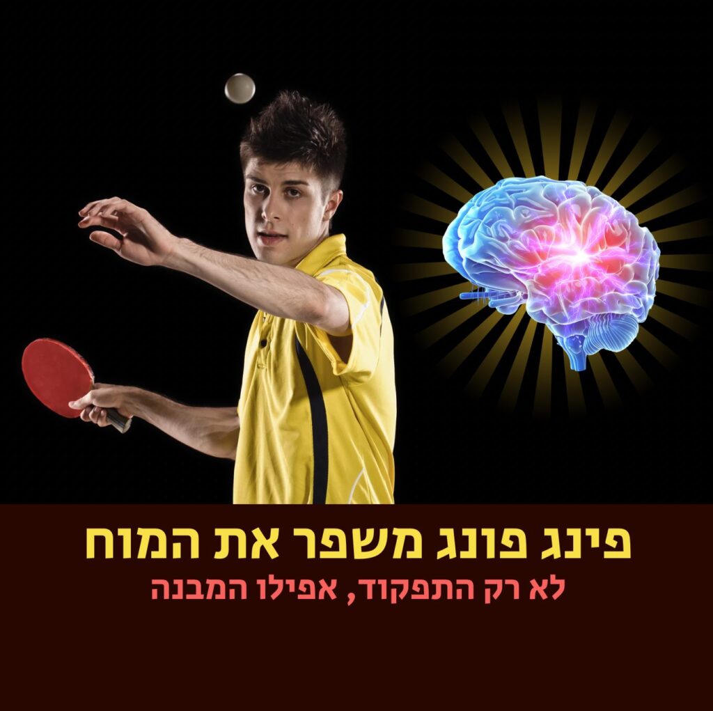 גבר בחולצה צהובה משחק פינג-פונג על רקע שחור. מימינו מופיעה איור זוהר של מוח. הטקסט בעברית המופיע מתחת דן באופן שבו פינג-פונג משפר את תפקוד המוח ומדגיש את הקשר בין תזונה בריאה (אוכל בריא), מיקרוביולוגיה (מיקרוביולוגיה) וביצועים קוגניטיביים. סך התווים: 223 | ד"ר אמוץ זיו-אב