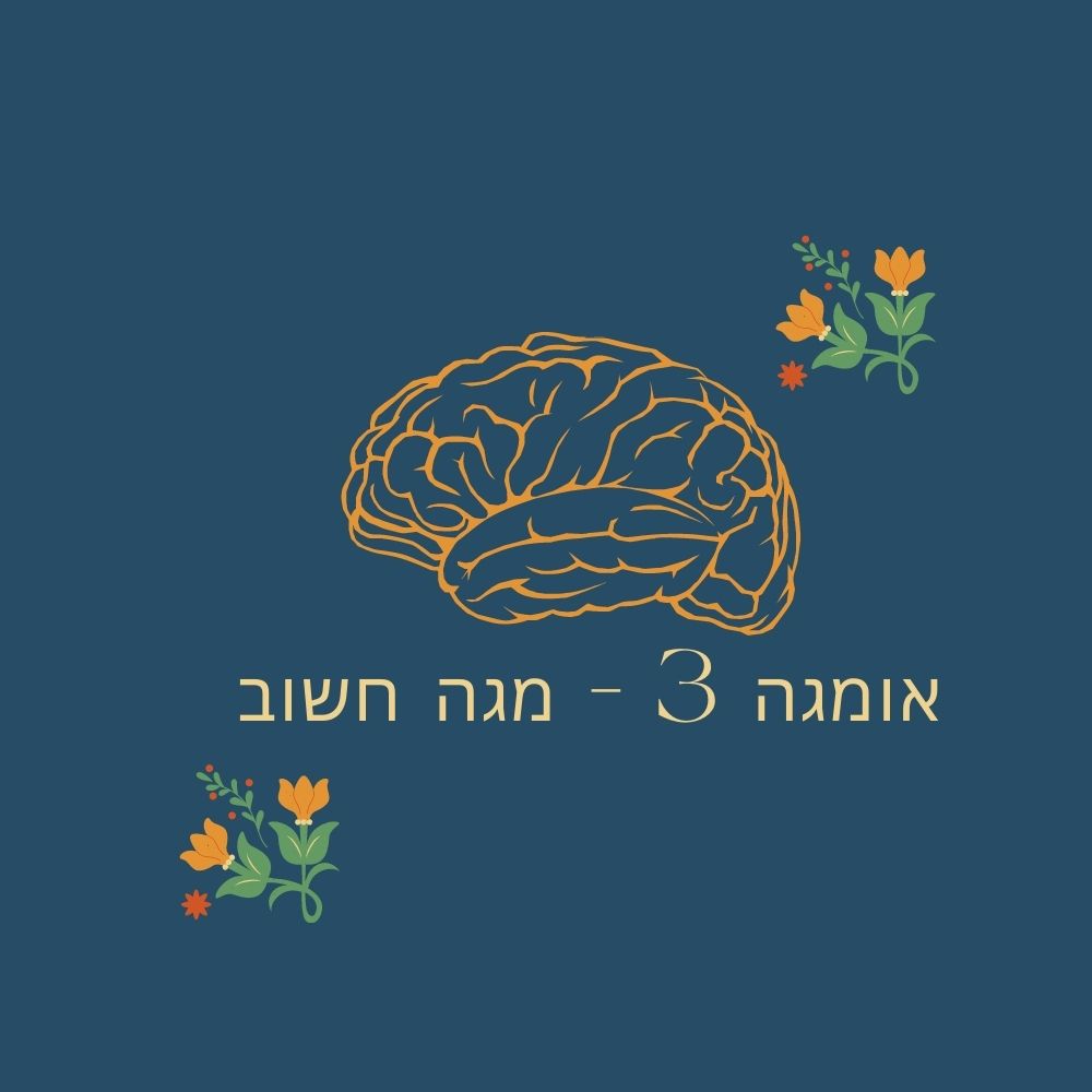 על רקע כחול כהה מופיעה צורת מוח צהובה במרכז, כששני עיטורים פרחוניים בצבע כתום-צהוב ממוקמים בפינות מנוגדות. מתחת למוח מופיע הטקסט בעברית: “אומגה 3 - מגה חשוב”. העיצוב מעלה אסוציאציות של תזונה בריאה ורווחה, ומדגיש את חשיבות התזונה הן לנפש והן לגוף. | ד"ר אמוץ זיו-אב