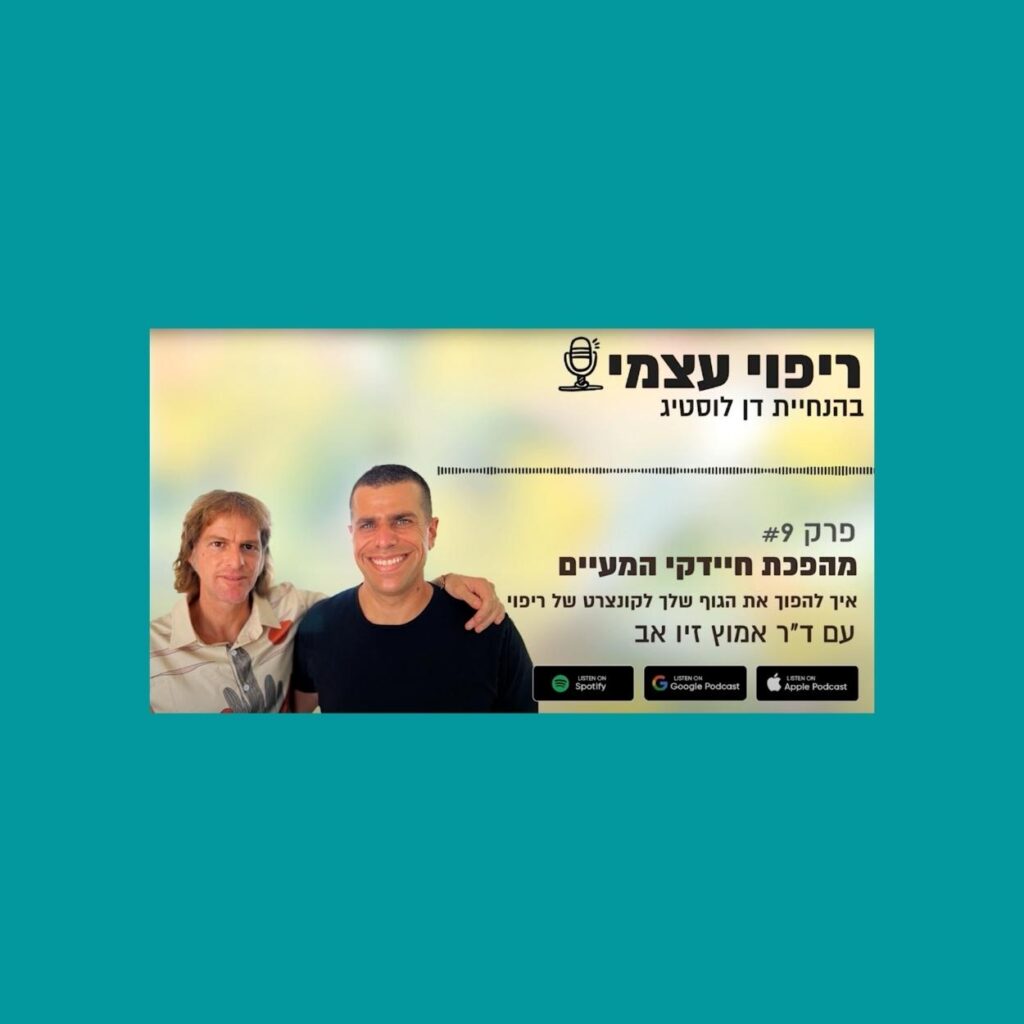 שני גברים מחייכים עומדים זה לצד זה בצד שמאל. הרקע בצבע טורקיז, ובו טקסט בעברית על הפודקאסט, סמל של מיקרופון, ולוגואים של Spotify, Google Podcasts ו-Apple Podcasts בצד ימין. הטקסט עוסק בפרק בנושא שינוי תנועת העיניים ובוחן את הקשרים בין מיקרוביולוגיה לאורח חיים בריא (אוכל בריא). | ד"ר אמוץ זיו-אב