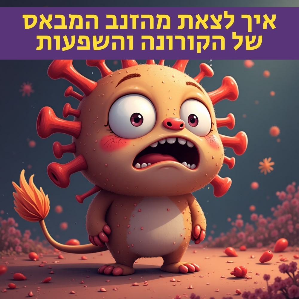 יצור מצויר בעל קוצים הדומים לנגיפים עומד מודאג בנוף סוריאליסטי, המרמז על עולם המיקרוביולוגיה. עיניים גדולות ופה פתוח משדרים פחד. מעל, כתוב בעברית: “איך לצאת מהזנב המבאס של הקורונה והשפעותיה” (איך להיחלץ מההשלכות המעיקות של הקורונה). | ד"ר אמוץ זיו-אב