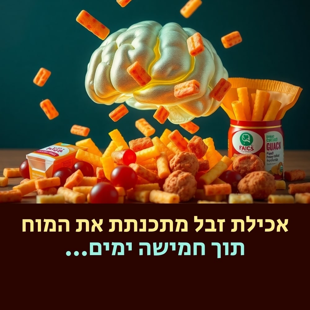 מוח צף מרחף מעל מאכלי ג'אנק פוד כמו צ'יפס, חטיפים, עגבניות שרי ורטבים. הטקסט בעברית בתחתית התמונה אומר: “אכילת ג'אנק פוד הורסת את המוח תוך חמישה ימים...” האווירה הכללית תוססת ומלאת דימויים. רמזים עדינים מתחום המיקרוביולוגיה שזורים בעיצוב, ומעוררים את ההשפעה הבלתי נראית של מזון לא בריא על מוחנו. | ד"ר אמוץ זיו-אב