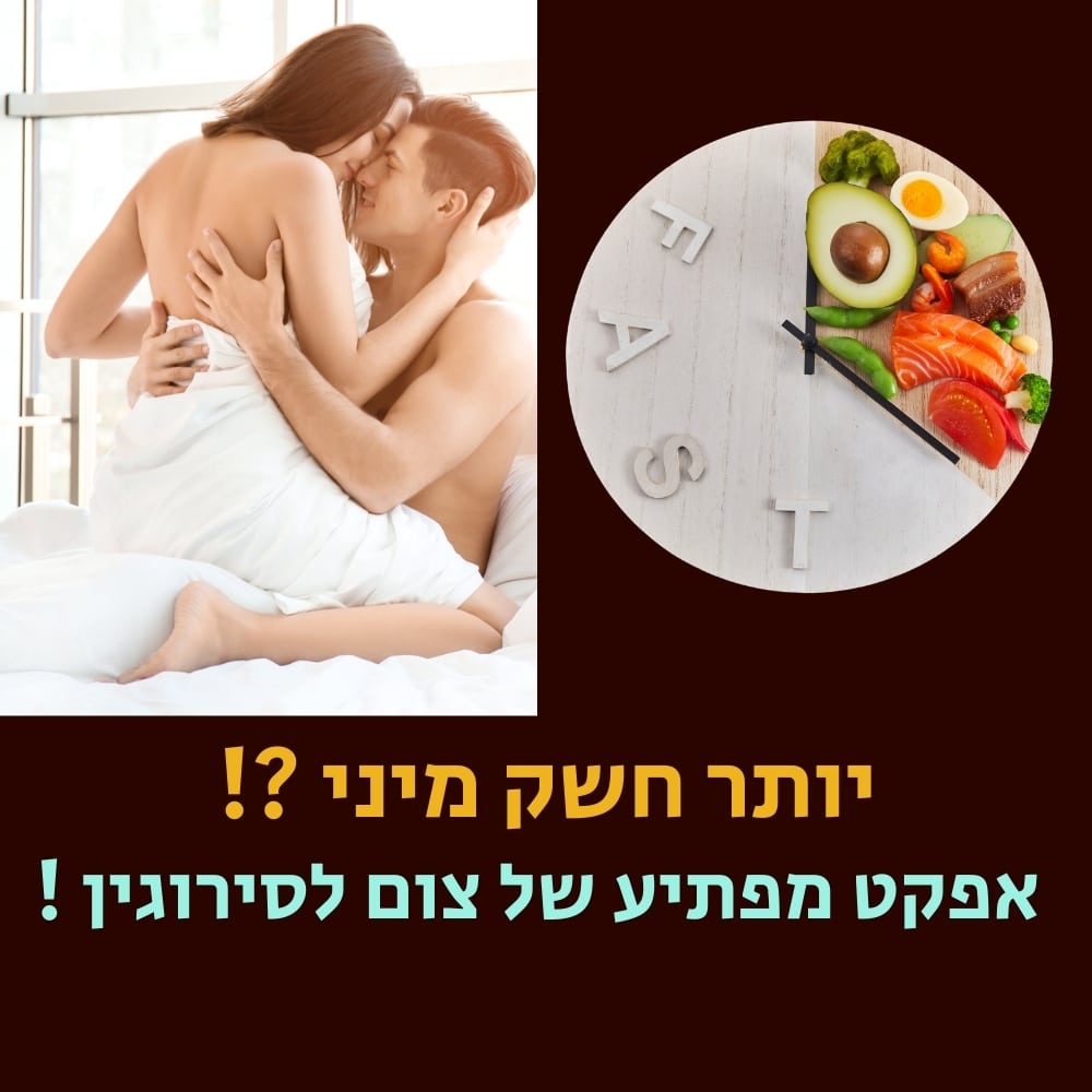 תמונה חתוכה: משמאל, זוג אינטימי יושב על מיטה בלבוש מינימלי; מימין, שעון שעליו מופיעים מאכלים בריאים ומסביבו אותיות המרכיבות את המילה FAST, המסמלות תזונה בריאה. למטה טקסט בעברית: “יותר חשק מיני!? אפקט מפתיע של צום לסירוגין!” | ד"ר אמוץ זיו-אב