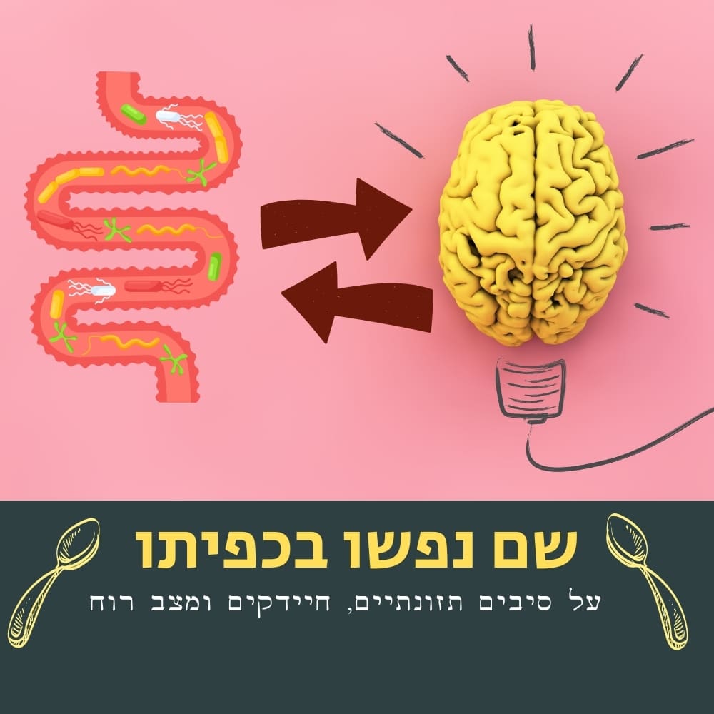 איור של מעי ומוח, המחוברים זה לזה באמצעות חצים. הרקע ורוד. בתחתית העמוד מופיע טקסט בעברית על רקע כהה, עם איורים של כפות, המרמז על הקשר בין בריאות המעיים לתפקוד המוח — ומדגיש כיצד אוכל בריא ותזונה בריאה יכולים להשפיע על התקשורת בין המעיים למוח. | ד"ר אמוץ זיו-אב