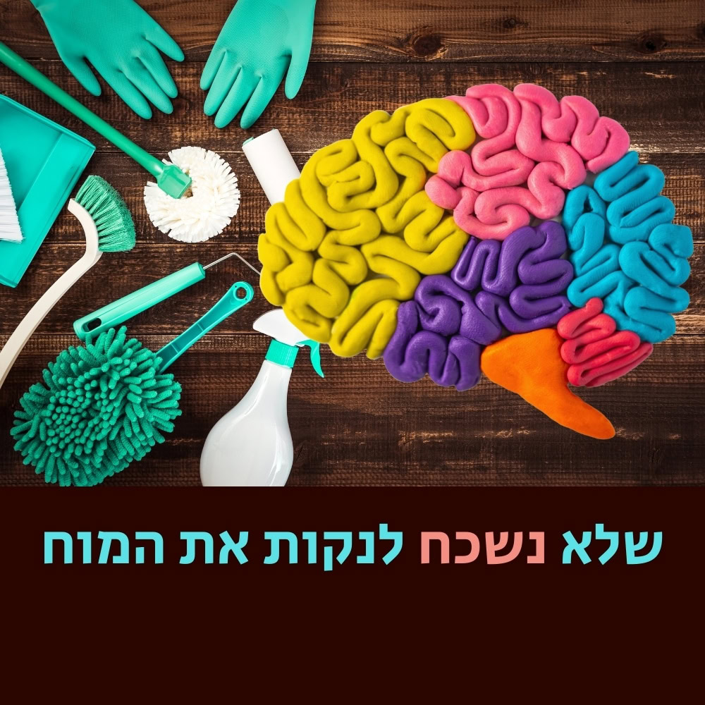 חומרי ניקוי צבעוניים ומגוונים מקיפים דגם של מוח המונח על משטח עץ, ומעוררים מחשבות על מיקרוביולוגיה ועל חשיבותה של צלילות הדעת. הטקסט בעברית בתחתית התמונה אומר: “שלא נשכח לנקות את המוח”. | ד"ר אמוץ זיו-אב