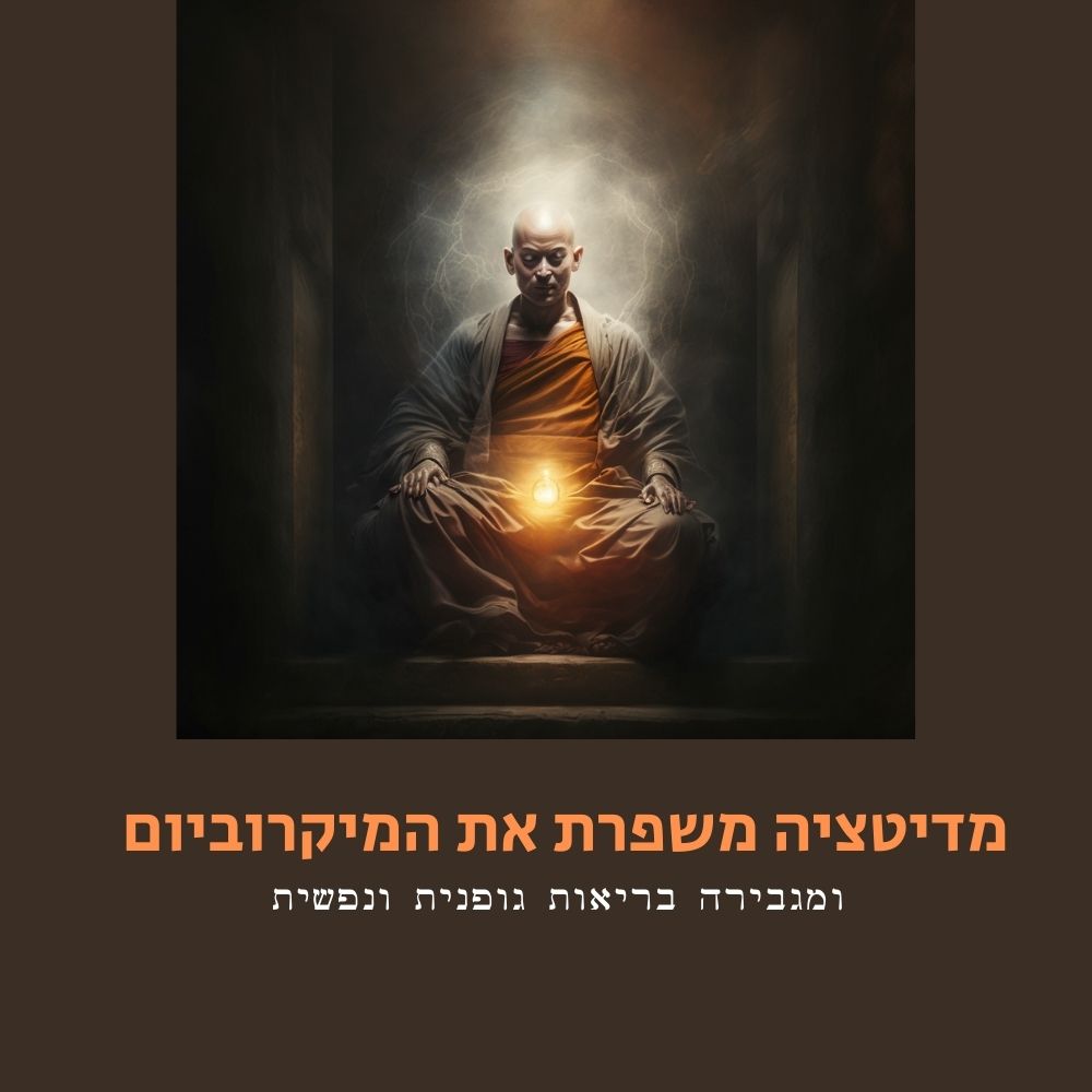 נזיר קירח לבוש בגלימה כתומה יושב בתנוחת מדיטציה ברגליים משוכלות, אור זוהר בוקע מידיו, והוא יושב בחלל חשוך וערפילי. מתחתיו טקסט בעברית בשתי שורות, בגופן כתום גדול המתייחס ל“אוכל בריא” ו“תזונה בריאה”, ולאחר מכן בגופן לבן קטן יותר. אווירה רוחנית ושלווה. | ד"ר אמוץ זיו-אב