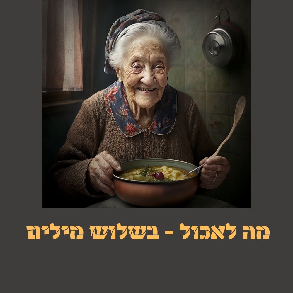 אישה מבוגרת עם שיער אפור, החובשת כיסוי ראש ולובשת חולצה מעוטרת, מחייכת כשהיא אוחזת בקערה של מרק “אוכל בריא”. התמונה צולמה במטבח נעים. הטקסט בעברית המופיע מתחת אומר: “מה לאכול - בשלוש היליג”. | ד"ר אמוץ זיו-אב