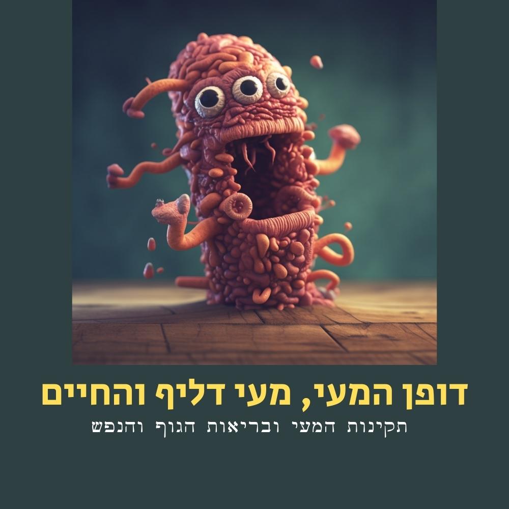 יצור קפריזי ומצויר, העשוי ממעיים ורודים, עומד על שתי רגליים ופיו פתוח. הרקע מטושטש, מה שמרמז על התמקדות בבריאות המעיים ובתזונה בריאה. הטקסט בעברית שמתחתיו אומר: “דופק המעי, מעי דליף והחיים” ו“תקינות המעי ובריאות הגוף והנפש”. | ד"ר אמוץ זיו-אב