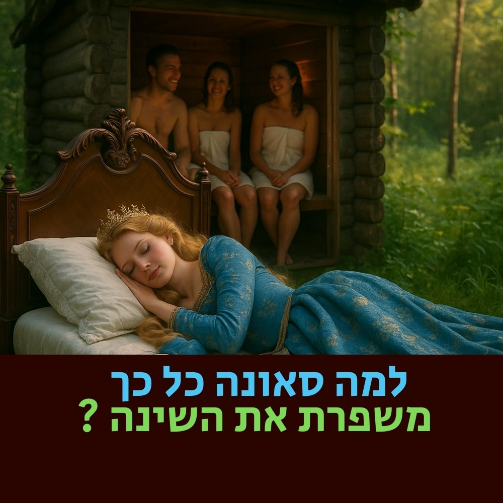 אישה בשמלה כחולה וכתר ישנה בחוץ על מיטה. מאחוריה, שלושה אנשים עטופים במגבות יושבים ומחייכים בסאונה מעץ, אולי לאחר שנהנו מאוכל בריא כחלק משגרת הבריאות שלהם. הטקסט בעברית המופיע למטה אומר: “למה סאונה כל כך משפרת את השינה?” | ד"ר אמוץ זיו-אב