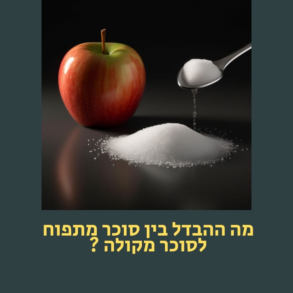תפוח אדום, המסמל תזונה בריאה, מונח לצד ערימת סוכר לבן גרגרי על משטח כהה. מעל הסוכר, כפית מוזגת עוד סוכר. הטקסט בעברית מתחת לתמונה אומר: “מה ההבדל בין סוכר מתפוח לסוכר מקולה?” תמונה זו מזמינה את הצופים לשקול את הקשר בין תזונה בריאה לבין ההשפעה שיכולה להיות לסוכרים שונים על המיקרואורגניזמים שלנו. | ד"ר אמוץ זיו-אב