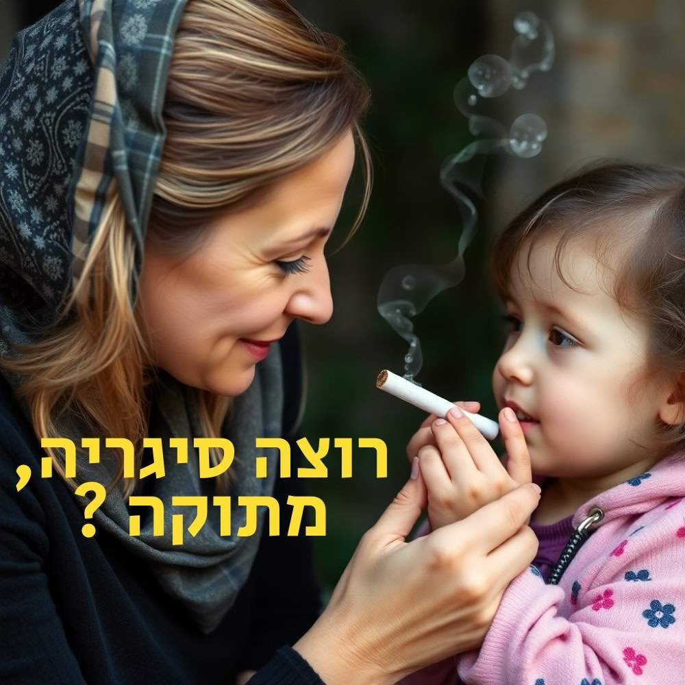 אישה עטופת מטפחת מחייכת בעודה עוזרת לילדה קטנה להחזיק סיגריה דולקת. עשן עולה ביניהן, ויוצר ניגוד חריף למושגים “תזונה בריאה” והעולם הבלתי נראה של “מיקרובים”. לצד התמונה מופיע טקסט בעברית בצבע צהוב, שתרגומו: “את רוצה סיגריה, מתוקה?” שתיהן נראות בחוץ. | ד"ר אמוץ זיו-אב