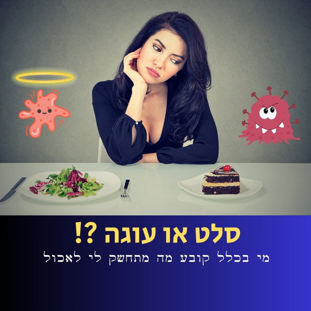 אישה מהורהרת יושבת ליד שולחן, כשסלט משמאלה ופרוסת עוגת שוקולד מימינה. חיידקים מונפשים, המרמזים על מיקרוביולוגיה, מרחפים מעל כל צלחת. טקסט בעברית בתחתית התמונה שואל: “סלט או עוגה?! מי בכלל מחליט מה אני רוצה לאכול?” | ד"ר אמוץ זיו-אב