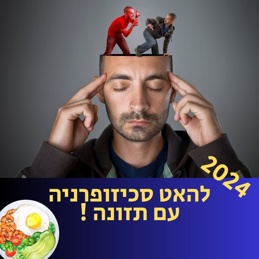 גבר עם עיניים עצומות נוגע ברקותיו, בעוד שני אנשים זעירים מתווכחים על ראשו. הכיתוב בעברית אומר: “2024 להאט סכיזופרניה עם תזונה!” מעל ארוחת בוקר של ביצים וירקות על רקע כחול וצהוב, התמונה מרמזת בעדינות על חשיבותה של תזונה בריאה לתמיכה בבריאות הנפש. | ד"ר אמוץ זיו-אב