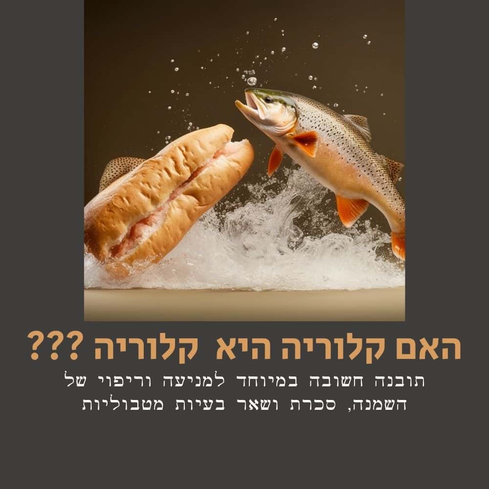 סלמון שלם וגלם קופץ מהמים לעבר כריך באגט צף. מעל ומתחת לתמונה מופיע טקסט בעברית העוסק בקלוריות, בהכנת מזון, תזונה בריאה, אוכל בריא והיבטים תזונתיים. הרקע חלק וצבעו חום. | ד"ר אמוץ זיו-אב