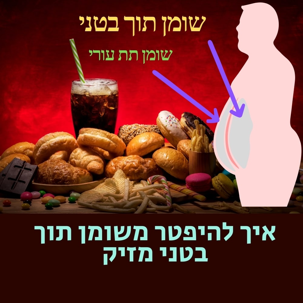 מגוון מאכלי מזון מהיר וממתקים ממלאים שולחן על רקע אדום, מה שמדגיש את הניגוד ל“תזונה בריאה”. מימין, צללית של אדם עם בטן מודגשת ממחישה הצטברות שומן, ומרמזת על האופן שבו בחירות תזונתיות לקויות עלולות להשפיע על מיקרובים במעיים. מעל ומתחת מופיעה כיתוב בעברית המתאר שומן בטני. | ד"ר אמוץ זיו-אב
