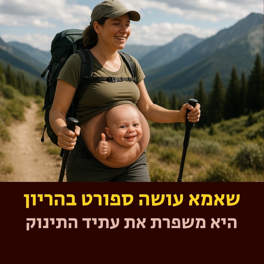 אישה בהריון המטיילת בטבע על שביל, מחייכת ואוחזת במקלות הליכה. בטנה החשופה נראית לעין, ובתוכה תמונה שעברה עריכה של תינוק מחייך שמרים אגודל – המסמל את היתרונות של תזונה בריאה. טקסט בעברית מופיעה בחלק התחתון של התמונה. ברקע נראים הרים ועצים. | ד"ר אמוץ זיו-אב