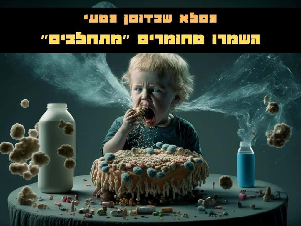 פעוט עם שיער פרוע צורח בזמן שהוא אוכל עוגה גדולה ומלכלכת ליד השולחן. חלקיקי מזון עפים מסביב כמו מיקרובים שובבים. בקבוק חלב גדול ובקבוק כחול נמצאים בסמוך. מעל התמונה מופיע טקסט בעברית. הרקע כהה, מה שמדגיש את הסצנה הכאוטית. | ד"ר אמוץ זיו-אב